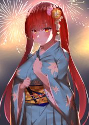 Rule 34 | 1girl, absurdres, azur lane, bell, blue kimono, blunt bangs, blush, breasts, closed mouth, commentary request, cotton kanzaki, evening, fireworks, flower, hair bell, hair flower, hair ornament, highres, honolulu (azur lane), honolulu (among the stalls) (azur lane), japanese clothes, kimono, large breasts, long hair, long sleeves, looking at viewer, obi, red eyes, red hair, sash, sidelocks, solo, standing, twintails, very long hair, wide sleeves, yukata