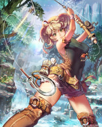 Rule 34 | 1girl, armlet, belt, blonde hair, boots, breasts, brown footwear, caesty, character request, cutoffs, fishing, fishing hook, fishing line, fishing rod, green eyes, hat, large breasts, over-kneehighs, shorts, sleeveless, solo, taut clothes, tenkuu no crystalia, thigh boots, thighhighs, watermark, web address