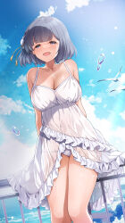 1girl bare_arms bird blue_eyes blue_hair blue_sky blush breasts cleavage cloud collarbone commentary_request day dress frilled_dress frills gakuen_idolmaster hataya_misuzu highres horizon idolmaster large_breasts looking_at_viewer mk_(mod0) mole mole_under_mouth ocean open_mouth outdoors panties railing seagull short_hair sky smile solo standing sundress underwear water_drop white_dress white_panties