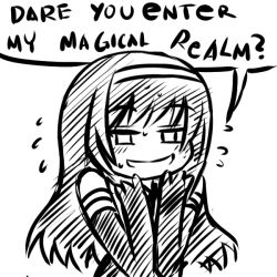 Rule 34 | 1girl, akemi homura, akuma homura, blush, deculture, doodle, dress, elbow gloves, english text, flying sweatdrops, gloves, greyscale, grin, gunshow (comic), hairband, hand on own chin, hands up, long hair, looking at viewer, mahou shoujo madoka magica, mahou shoujo madoka magica: hangyaku no monogatari, meme, monochrome, parody, simple background, smile, solo, speech bubble, strapless, strapless dress, too literal, white background