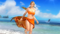 Rule 34 | 1girl, 3d, beach, blonde hair, breasts, dead or alive, dead or alive 5, dolphin, helena douglas, large breasts, midriff, nail polish, ocean, official art, solo, tecmo