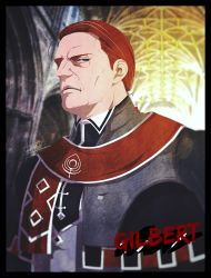 Rule 34 | 1boy, bad id, bad pixiv id, blue eyes, character name, fire emblem, fire emblem: three houses, frown, gilbert pronislav, highres, indoors, josh rayda, male focus, nintendo, old, old man, ponytail, red hair, signature, solo, standing