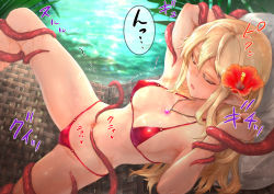 Rule 34 | 1girl, :o, bikini, blonde hair, collarbone, commission, elf, flower, from above, hair between eyes, hair flower, hair ornament, highres, jewelry, long hair, looking at viewer, micro bikini, necklace, original, palm tree, pixiv commission, pointy ears, red eyes, restrained, sasagawa (haikaiki), solo, spread legs, swimsuit, tentacles, tree, water