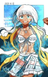 Rule 34 | 1girl, bikini, bikini under clothes, blunt bangs, breasts, cleavage, collarbone, commentary request, cowboy shot, danganronpa (series), danganronpa v3: killing harmony, dark-skinned female, dark skin, dated, frilled bikini, frills, front-tie top, grey hair, grin, happy birthday, jacket, jewelry, kiri (2htkz), long hair, looking at viewer, low twintails, navel, necklace, open clothes, open jacket, paintbrush, skirt, smile, solo, stomach, swimsuit, twintails, white background, yonaga angie