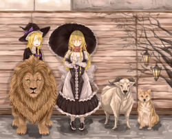 Rule 34 | 2girls, animal ears, black headwear, black skirt, black umbrella, blonde hair, blush, bow, braid, breasts, center frills, cleavage, closed eyes, closed mouth, commentary request, cookie (touhou), dog, frilled sleeves, frills, full body, goat, haiperion buzan, hair between eyes, hair bow, hat, hat bow, highres, holding, holding umbrella, kirisame marisa, lantern, large bow, lion ears, long hair, long sleeves, looking at viewer, mars (cookie), medium breasts, multiple girls, open mouth, purple bow, red scarf, rei (cookie), rei no himo, scarf, side braid, single braid, skirt, smile, standing, touhou, umbrella, white bow, witch hat, yellow eyes