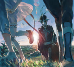 Rule 34 | 1girl, 3boys, blurry, boots, cape, depth of field, drawr, grass, judas (tales), kyle dunamis, lens flare, loni dunamis, mask, multiple boys, nature, nishihara isao, out of frame, outdoors, pants, reala (tales), scenery, see-through silhouette, short hair, sun, sword, tales of (series), tales of destiny 2, thighhighs, weapon, wind, wind lift