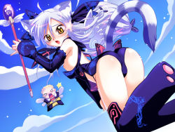 Rule 34 | 1boy, 1girl, ahoge, angry, animal ears, ass, blush, breasts, cannonball ~neko neko machine mou-race!~, cat ears, chibi, cloud, day, detached sleeves, embarrassed, filho rossi, flat chest, flying, foxbat (cannonball), game cg, hair ornament, holding, holding wand, koume keito, liarsoft, light purple hair, long hair, looking back, o o, open mouth, sky, star (sky), star (symbol), starry sky, thighhighs, wand, wings, yellow eyes
