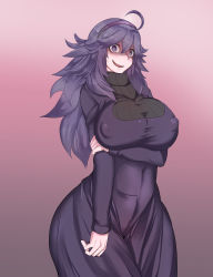 Rule 34 | 1girl, absurdres, ahoge, arm at side, breasts, covered erect nipples, covered navel, cowboy shot, creatures (company), dress, embarrassed, female focus, game freak, grabbing own arm, gradient background, hair between eyes, hairband, hex maniac (pokemon), highres, large breasts, legs, long hair, looking at viewer, nintendo, open mouth, pokemon, pokemon xy, purple dress, purple eyes, purple hair, purple hairband, ratetaso, simple background, solo, standing, thick thighs, thighs, turtleneck, wavy hair
