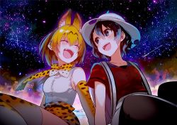 Rule 34 | 10s, 2girls, :d, ^ ^, animal ear fluff, animal ears, backpack, bag, bare shoulders, black hair, blonde hair, blue eyes, blush, bow, bowtie, bucket hat, cat ears, closed eyes, collarbone, elbow gloves, closed eyes, gloves, hair between eyes, hat, kaban (kemono friends), kashi-k, kemono friends, laughing, looking at another, multiple girls, open mouth, pantyhose, red shirt, serval (kemono friends), serval print, shirt, shooting star, short hair, sitting, skirt, sky, sleeveless, smile, star (sky), starry sky, thighhighs, wavy hair, |d
