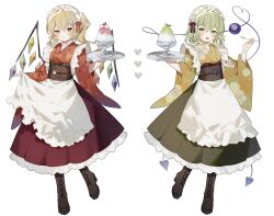 Rule 34 | 2girls, absurdres, apron, blonde hair, boots, dress, flandre scarlet, food, fruit, green dress, green eyes, green hair, heart, highres, holding, holding spoon, holding tray, japanese clothes, komeiji koishi, long hair, long sleeves, looking at viewer, maid, maid apron, maid headdress, medium hair, multiple girls, open mouth, red dress, red eyes, shaved ice, side ponytail, simple background, sorani (kaeru0768), spoon, standing, standing on one leg, strawberry, tail, touhou, tray, white background, wings