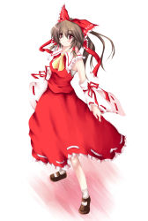 Rule 34 | 1girl, ascot, blush, bow, brown hair, detached sleeves, female focus, frills, from above, full body, hair bow, hair ribbon, hair tubes, hakurei reimu, japanese clothes, long hair, looking at viewer, mary janes, miko, red eyes, ribbon, sarashi, shirt, shoes, skirt, skirt set, sleeveless, sleeveless shirt, socks, solo, standing, touhou, wide sleeves