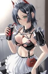 Rule 34 | 1girl, absurdres, apron, azuma (sospower73), azur lane, bdsm, black bra, black collar, black hair, black skirt, bra, breasts, can, cleavage, collar, covered erect nipples, drinking straw, harness, highres, holding, holding can, horns, looking at viewer, maid, manjuu (azur lane), mechanical horns, medium breasts, official alternate costume, puffy short sleeves, puffy sleeves, red horns, short sleeves, skirt, solo, standing, ulrich von hutten (azur lane), ulrich von hutten (mayhem maid) (azur lane), underwear, white apron, white hair, yellow eyes