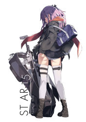 Rule 34 | 1girl, adjusting clothes, adjusting panties, ar-15, ass, assault rifle, bag, blue eyes, boots, character name, clothes lift, coat, from behind, full body, girls&#039; frontline, gun, half updo, highres, holster, long hair, ningen (ningen96), panties, parted lips, pink hair, pleated skirt, profile, red scarf, rifle, scarf, school bag, shoulder bag, sidelocks, simple background, skirt, skirt lift, solo, st ar-15 (girls&#039; frontline), standing, thigh holster, thighhighs, underwear, weapon, white background, white panties, white thighhighs