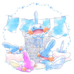 Rule 34 | :d, alternate color, closed eyes, clothes, clothesline, commentary request, creatures (company), game freak, gen 3 pokemon, highres, laundry basket, looking at viewer, lying, mudkip, nintendo, no humans, open mouth, pokemon, pokemon (creature), samsung (yuzuikka), shiny and normal, shiny pokemon, sleeping, smile, tongue, u u