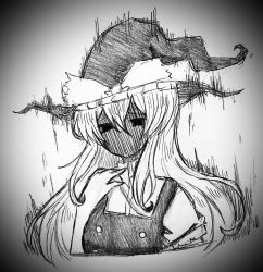 Rule 34 | 1girl, black skin, bow, collared shirt, colored skin, commentary request, fubinna kotori, greyscale, hair between eyes, hand up, hat, hat bow, highres, kirisame marisa, long hair, monochrome, shirt, short sleeves, solo, touhou, touhou igyoukyo, upper body, variant marisa, vest, witch hat