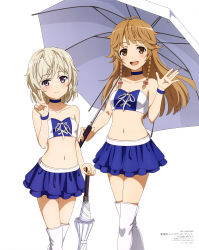 Rule 34 | 2girls, :d, absurdres, blue choker, blue skirt, boots, braid, breasts, brown eyes, brown hair, choker, cleavage, closed mouth, closed umbrella, collarbone, cowboy shot, crop top, hair ribbon, high school fleet, highres, holding, holding umbrella, long hair, mc axis, miniskirt, multiple girls, navel, nosa kouko, official art, open mouth, platinum blonde hair, ribbon, short hair, sidelocks, simple background, skirt, small breasts, smile, standing, strapless, tateishi shima, thigh boots, thighhighs, tube top, twin braids, umbrella, v, waving, white background, white footwear