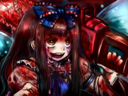 Rule 34 | 1girl, @ @, blood, blood in hair, blood on clothes, blood on face, blood on hands, bloody weapon, blouse, blue bow, blue dress, blue neckwear, blue ribbon, blunt bangs, bow, brown hair, bruise, bruised eye, chainsaw, collar, commentary request, crazy, crazy eyes, crazy smile, crying, crying with eyes open, dress, eyes visible through hair, fairy, fairy wings, frilled collar, frills, guro, hair between eyes, hair bow, holding, holding chainsaw, injury, intestines, koishi komeiji&#039;s heart-throbbing adventure, long hair, long sleeves, looking away, open mouth, ribbon, shirt, sidelocks, smile, solo, star sapphire, tears, touhou, upper body, weapon, white shirt, wings, yamimunemitsu, yellow eyes
