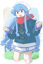 Rule 34 | 1girl, alternate costume, blue coat, blue eyes, blue hair, blush, border, bracelet, breath, clenched hands, coat, commentary request, cropped legs, dress, fur-trimmed hood, fur trim, hat, highres, hood, hood down, hooded coat, ikamusume, jewelry, long hair, long sleeves, looking ahead, naka (buttergirl 02), open mouth, outside border, red scarf, scarf, shinryaku! ikamusume, short dress, solo, squid hat, tentacle hair, trembling, w arms, white border, white dress, white hat, winter clothes, winter coat