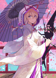 Rule 34 | 1girl, absurdres, alternate costume, alternate hairstyle, animal print, blonde hair, blue sky, bow, branch, breasts, cherry blossoms, day, floral print, flower ornament, gap (touhou), gradient eyes, green eyes, hair bow, hair up, highres, holding, holding umbrella, hood, japanese clothes, kimono, long sleeves, looking at viewer, looking to the side, multicolored eyes, oil-paper umbrella, petals, purple eyes, red eyes, ribbon trim, shade, sky, smile, solo, stflash, touhou, tree, uchikake, umbrella, wide sleeves, wind, yakumo yukari