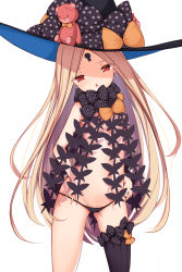 Rule 34 | 1girl, abigail williams (fate), abigail williams (second ascension) (fate), absurdres, black bow, black hat, blonde hair, blush, bow, breasts, cameltoe, fate/grand order, fate (series), hat, highres, irokari, keyhole, long hair, looking at viewer, multiple bows, navel, orange bow, parted bangs, polka dot, polka dot bow, red eyes, revealing clothes, simple background, single thighhigh, small breasts, stuffed animal, stuffed toy, teddy bear, thighhighs, white background