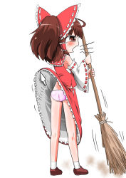 Rule 34 | 1girl, ass, assisted exposure, blush, bow, broom, brown eyes, brown hair, clothes lift, cursor, detached sleeves, embarrassed, hair bow, hair tubes, hakurei reimu, kawara hajime, lace, lace-trimmed panties, lace trim, panties, pantyshot, pink panties, ribbon-trimmed sleeves, ribbon trim, sarashi, short hair, simple background, skirt, skirt lift, sleepy, solo, sweeping, tears, touhou, underwear, upskirt, white background, wide sleeves, yawning