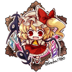 Rule 34 | 1girl, ascot, blonde hair, bow, chibi, crystal, dress, fang, flandre scarlet, frilled dress, frills, full body, hat, hat bow, holding, laevatein (tail), looking down, medium hair, mob cap, open mouth, red bow, red dress, red eyes, red footwear, short sleeves, side ponytail, smile, socha, solo, tail, touhou, twitter username, white hat, white legwear, wings, yellow ascot
