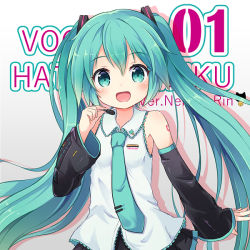 Rule 34 | 1girl, aqua eyes, aqua hair, aqua necktie, artist name, bare shoulders, black skirt, black sleeves, blush, character name, clothes writing, copyright name, detached sleeves, drop shadow, female focus, flat chest, hair ornament, hand up, happy, hatsune miku, headset, long hair, looking at viewer, matching hair/eyes, microphone, miniskirt, necktie, nekono rin, number tattoo, open mouth, pleated skirt, shirt, sidelocks, skirt, sleeveless, sleeveless shirt, smile, solo, standing, tattoo, twintails, upper body, very long hair, vocaloid, white background, white shirt