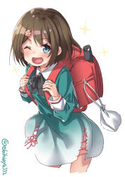 Rule 34 | 1girl, ;d, aged down, alternate costume, backpack, bag, blue eyes, blush, brown hair, dress, ebifurya, hair ornament, hairclip, highres, kantai collection, long sleeves, looking at viewer, maya (kancolle), one eye closed, open mouth, randoseru, recorder case, school bag, short hair, simple background, smile, solo, twitter username, white background