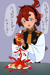 Rule 34 | 1girl, ahoge, asticassia school uniform, black hairband, blue eyes, blush, bonbas24, commentary, food, gundam, gundam suisei no majo, hair between eyes, hairband, happy birthday to you (song), holding, jacket, ketchup, ketchup bottle, long hair, long sleeves, low ponytail, omelet, omurice, open mouth, plate, pouring, red hair, school uniform, simple background, smile, solo, suletta mercury, symbol-only commentary, thick eyebrows, translated, white jacket, wide sleeves