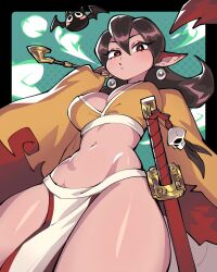 Rule 34 | 1girl, 333 (dqqqdle), animal ears, bat (animal), breasts, brown hair, character request, earrings, highres, holding, holding sword, holding weapon, jewelry, large breasts, medium hair, navel, open mouth, original, red eyes, smoking pipe, solo, sword, weapon