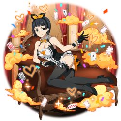 Rule 34 | 1girl, ace (playing card), ace of clubs, ace of hearts, black bow, black eyes, black footwear, black gloves, black hair, black hairband, black thighhighs, blunt bangs, bow, breasts, card, checkered floor, cleavage, closed mouth, club (shape), collarbone, couch, detached collar, fishnet thighhighs, fishnets, full body, gloves, hair bow, hairband, heart, high heels, highres, indoors, jack (playing card), jack of hearts, kirigaya suguha, large breasts, looking at viewer, official art, playing card, pumps, queen (playing card), queen of spades, round image, short hair, smile, solo, sparkle, split mouth, sword art online, thighhighs, transparent background, yellow bow, yellow neckwear