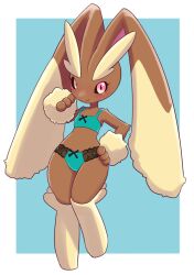 Rule 34 | 1girl, aqua bra, aqua panties, bare shoulders, black sclera, blue background, blush, body fur, border, bow, bow bra, bow panties, bra, brown fur, closed mouth, colored sclera, creatures (company), female focus, flat chest, full body, furry, furry female, game freak, gen 4 pokemon, hand on own hip, hand up, happy, knees together feet apart, lace, lace panties, leg up, legs, lingerie, long ears, looking at viewer, lopunny, nintendo, outside border, panties, pokemon, pokemon (creature), rabbit ears, rabbit girl, red eyes, simple background, smile, solo, split mouth, standing, standing on one leg, thighs, two-tone fur, underwear, underwear only, uno usaya, white border, yellow fur