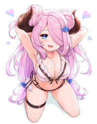 Rule 34 | 1girl, bikini, blue eyes, blush, braid, breasts, collarbone, commentary request, draph, from above, gloves, granblue fantasy, hair ornament, hair over one eye, heart, highres, horns, large breasts, light purple hair, long hair, looking at viewer, narmaya (granblue fantasy), narmaya (summer) (granblue fantasy), open mouth, pointy ears, smile, solo, swimsuit, tomo (tmtm mf mf), white bikini