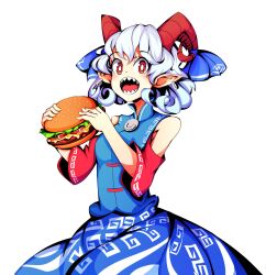 Rule 34 | absurdres, blue dress, blue skirt, blue vest, burger, curly hair, detached sleeves, dress, earrings, highres, horn ornament, horn ribbon, horns, jewelry, meandros, patterned clothing, pointy ears, red eyes, red horns, red sleeves, ribbon, rsutibu, sharp teeth, sheep horns, skirt, teeth, touhou, toutetsu yuuma, vest, white hair
