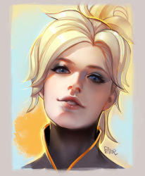Rule 34 | 1girl, artist name, blonde hair, blue eyes, eyelashes, high collar, high ponytail, lips, looking at viewer, mercy (overwatch), overwatch, overwatch 1, parted lips, peter xiao, portrait, short hair, solo, superschool48, upper body