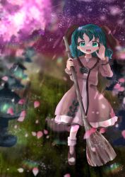 Rule 34 | broom, cherry blossoms, green eyes, green hair, highres, kasodani kyouko, open mouth, touhou