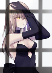 Rule 34 | 1girl, absurdres, arms up, artoria pendragon (all), artoria pendragon (fate), bare shoulders, black gloves, blonde hair, breasts, cleavage, dress, elbow gloves, fate/grand order, fate (series), from side, gloves, highres, long hair, looking at viewer, open mouth, saber alter, shadow, sii artatm, skirt, solo, upper body, window, yellow eyes