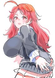 Rule 34 | 1girl, ahoge, black shirt, blush, breasts, covering privates, covering ass, earrings, huge breasts, jewelry, long hair, long sleeves, looking at viewer, looking back, magicami, miniskirt, ohtori aka, open mouth, red eyes, red hair, saidasai, shirt, sidelocks, skirt, sweat, sweater, white skirt, white sweater