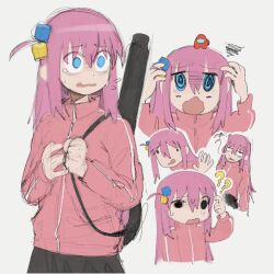 Rule 34 | 1girl, ?, ??, among us, blue eyes, bocchi the rock!, crewmate (among us), cube hair ornament, gazuwu, giving up the ghost, gotoh hitori, hair between eyes, hair ornament, highres, instrument case, jacket, long hair, multiple views, one side up, open mouth, pink hair, pink jacket, red (among us), tearing up, track jacket