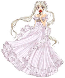 Rule 34 | 1990s (style), 1girl, bad id, bad pixiv id, bare shoulders, bead bracelet, beads, bishoujo senshi sailor moon, blonde hair, blue eyes, bracelet, crescent, crescent facial mark, double bun, dress, earrings, empire line gown, facial mark, flower, full body, gown, hair bun, jewelry, long hair, princess, princess serenity, retro artstyle, rose, silver hair, simple background, solo, strapless, strapless dress, tsukino usagi, twintails, very long hair, violetcoral
