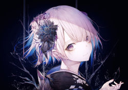 Rule 34 | 1girl, absurdres, black flower, black kimono, black ribbon, blunt bangs, branch, bug, butterfly, closed mouth, dark background, facing viewer, floral print, flower, from side, hair between eyes, hair flower, hair ornament, head tilt, highres, hito komoru, insect, japanese clothes, kimono, looking at viewer, original, portrait, purple eyes, ribbon, short hair, solo, white flower