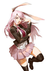 Rule 34 | 1girl, animal ears, black jacket, black socks, brown footwear, brown socks, closed mouth, collared shirt, hand up, high heels, highres, jacket, jojo pose, kneehighs, loafers, long sleeves, looking at viewer, necktie, open clothes, open jacket, parted lips, pink hair, pink skirt, pleated skirt, rabbit ears, red eyes, red necktie, reisen udongein inaba, ruukii drift, shirt, shoes, simple background, skirt, socks, solo, standing, standing on one leg, thighhighs, touhou, white background, wing collar