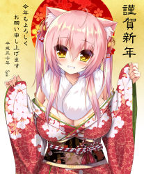 Rule 34 | 1girl, ahoge, animal ears, blush, breasts, cat ears, cleavage, grin, hair ornament, japanese clothes, kimono, large breasts, long hair, looking at viewer, original, pink hair, revision, scarf, shia flatpaddy, slit pupils, smile, solo, syroh, two side up, yellow background, yellow eyes