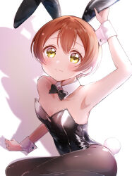 Rule 34 | 1girl, animal ears, black bow, black bowtie, black leotard, black pantyhose, bow, bowtie, breasts, brown hair, detached collar, fake animal ears, highres, holding, hoshizora rin, leotard, love live!, osono (jpku7757), pantyhose, playboy bunny, rabbit ears, rabbit tail, shadow, short hair, sitting, small breasts, solo, strapless, strapless leotard, tail, wrist cuffs, yellow eyes, yokozuwari