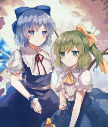 Rule 34 | 2girls, blue bow, blue dress, blue eyes, blue hair, blue skirt, blue vest, blush, bow, cirno, closed mouth, collared shirt, daiyousei, dress, fairy, fairy wings, frilled sleeves, frills, green eyes, green hair, hair between eyes, hair bow, highres, ice, ice wings, koto (shiberia39), long hair, multiple girls, shirt, short hair, short sleeves, side ponytail, skirt, smile, touhou, vest, white shirt, wings