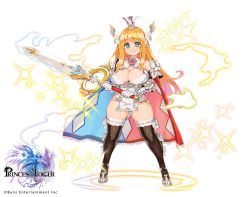 Rule 34 | 1girl, blonde hair, blue eyes, boots, breasts, cape, cleavage, company name, copyright name, copyright notice, crown, full body, heart, heart-shaped pupils, holding, holding sword, holding weapon, large breasts, long hair, non-web source, official art, pelvic curtain, princess trigger, ryoji (nomura ryouji), smile, solo, sparkle, standing, sword, symbol-shaped pupils, thigh boots, thighhighs, thighs, two-handed, weapon