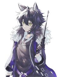 Rule 34 | 1boy, ahoge, animal ear fluff, animal ears, arknights, artist name, belt, black gloves, black hair, black suit, blue belt, blue coat, blue hair, buttons, coat, commentary, english commentary, english text, formal, fur-trimmed coat, fur trim, gloves, gradient hair, gun, hair between eyes, highres, holding, holding gun, holding weapon, infection monitor (arknights), long hair, looking at viewer, male focus, multicolored hair, open clothes, open coat, pinstripe pattern, pinstripe suit, rio (rio773), shirt, short hair, solo, striped, suit, twitter username, upper body, vigil (arknights), weapon, white shirt, wolf boy, wolf ears, yellow eyes, zipper