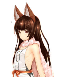 Rule 34 | 10s, 1girl, :&lt;, ?, animal ears, areola slip, aster (granblue fantasy), bare shoulders, black hair, blunt bangs, blush, bow, breasts, brown eyes, brown hair, buttons, cygames, dress, erune, fox ears, from side, granblue fantasy, hair ornament, hairclip, kabocha head, lace, long hair, looking at viewer, no bra, ribs, sash, scarf, sideboob, simple background, sleeveless, small breasts, solo, very long hair, white background, white dress