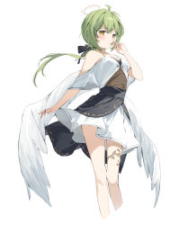 Rule 34 | 1girl, absurdres, angel wings, blush, commentary, cropped legs, english commentary, green hair, hair ribbon, halo, hana mori, highres, jewelry, laurels, looking at viewer, original, ribbon, ring, simple background, skirt, solo, wings