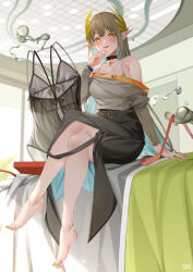 Rule 34 | 1girl, absurdres, arknights, bare shoulders, barefoot, black choker, black skirt, bra strap, choker, commentary request, crossed legs, d. joko, feet, grey hair, grey shirt, highres, indoors, long hair, long sleeves, looking at viewer, muelsyse (arknights), nail polish, off-shoulder shirt, off shoulder, parted lips, pointy ears, shirt, sitting, skirt, smile, solo, toes, very long hair, yellow eyes